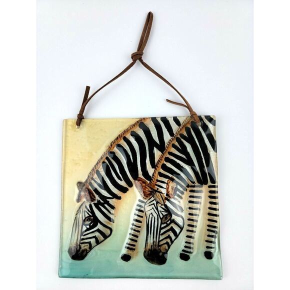 Zebra Fused Art Glass Wall Plaque 6 in Square Embossed Texture Leather Hanger - Picture 1 of 12